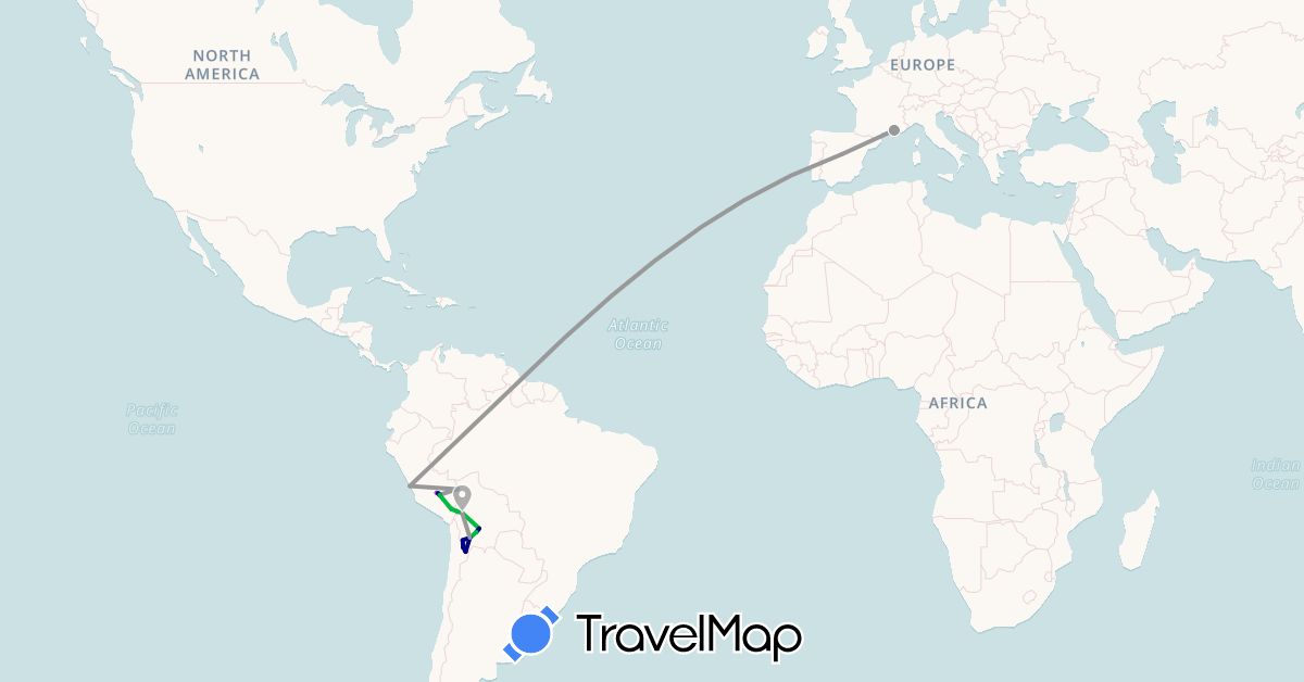 TravelMap itinerary: driving, bus, plane, train, boat in Bolivia, Chile, Spain, France, Peru (Europe, South America)